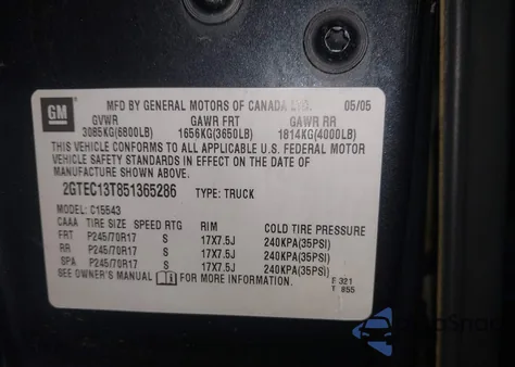 2005 GMC Sierra 1500 Sle z USA, uszkodzony, nr VIN 2GTEC13T851365286